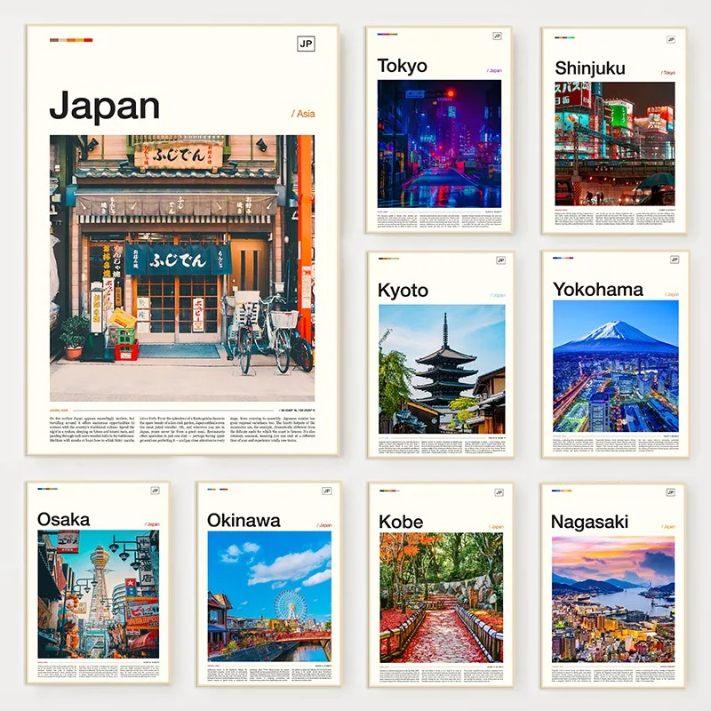 Poster di introduzione alle città del Giappone per la fotografia di viaggio: Tokyo, Shibuya, Osaka, Kyoto - Quadro su tela per soggiorno e decorazioni