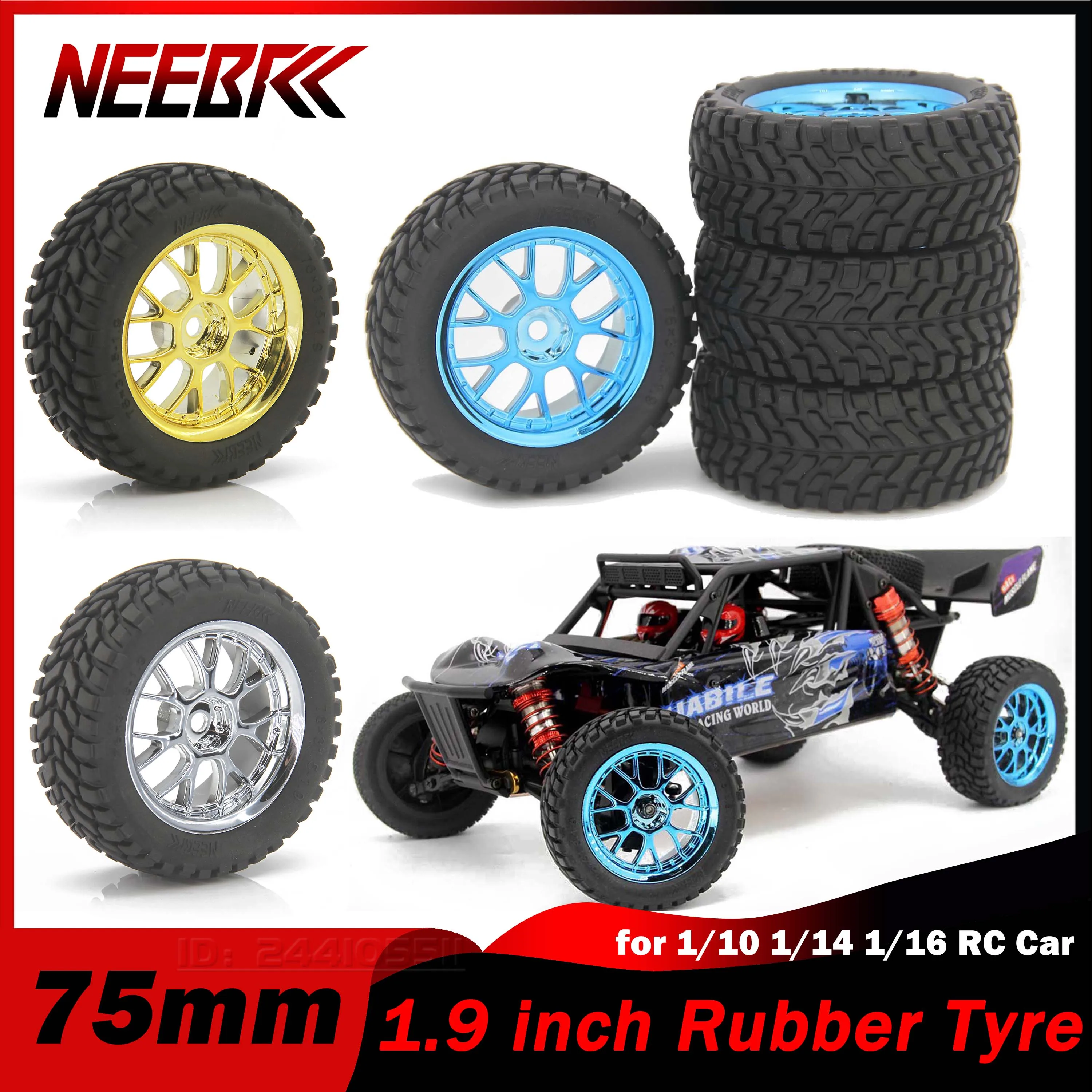 

4PCS NEEBRC 75mm 1.9in Rubber Tire Hard Plastic Wheel Rim Tyre Hex Hub for 1/10 1/14 1/16 RC Off-road Car HSP HPI Wltoys 144001