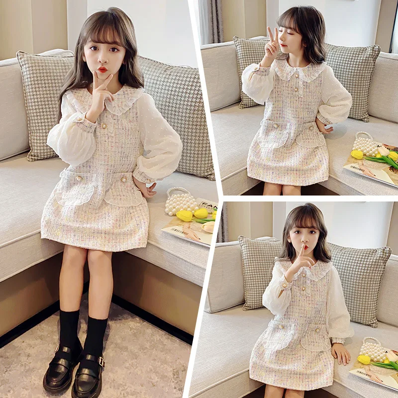 

Girls' Autumn Dress New Style for Older Children Stylish Plaid Dress Casual Long Sleeve Dress for Kids Trendy