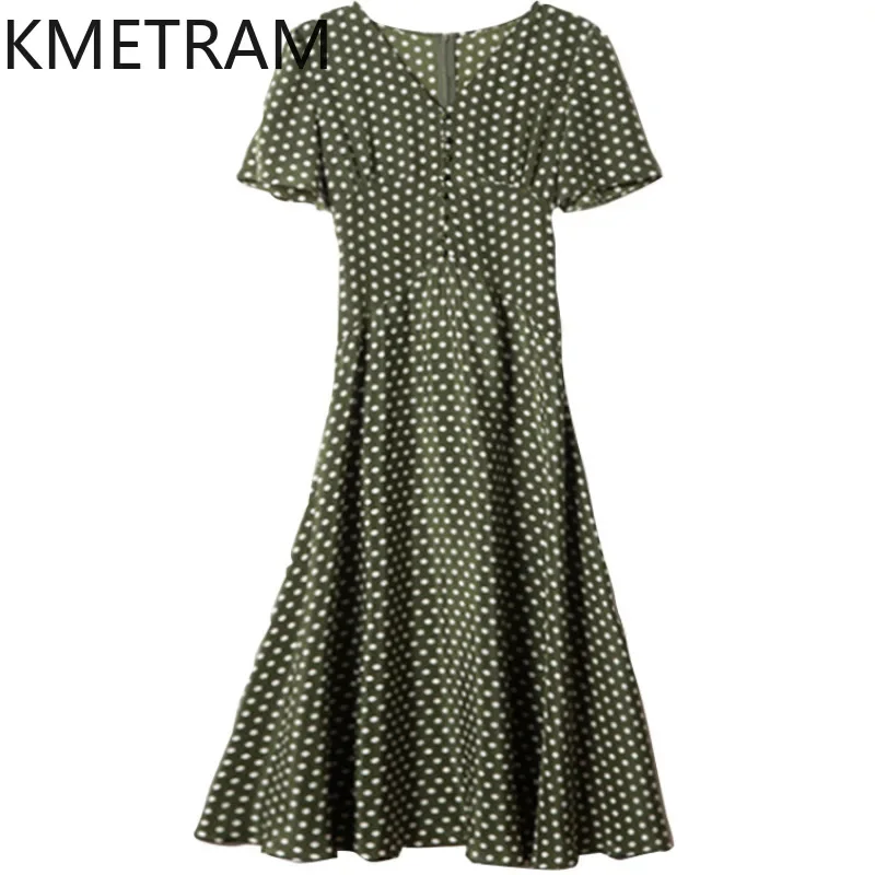 

KMETRAM Mulberry Silk French Polka Dot Midi Dress for Women 2024 Summer V-neck A-Line Dresses Fashion Women's Clothing New