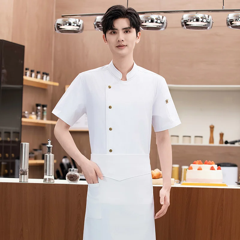 Uniforme de Chef de manga corta para hombre, chaqueta de Chef de malla transpirable con delantal, abrigo de Chef de cocina para restaurante, ropa de trabajo negra para mujer con logo