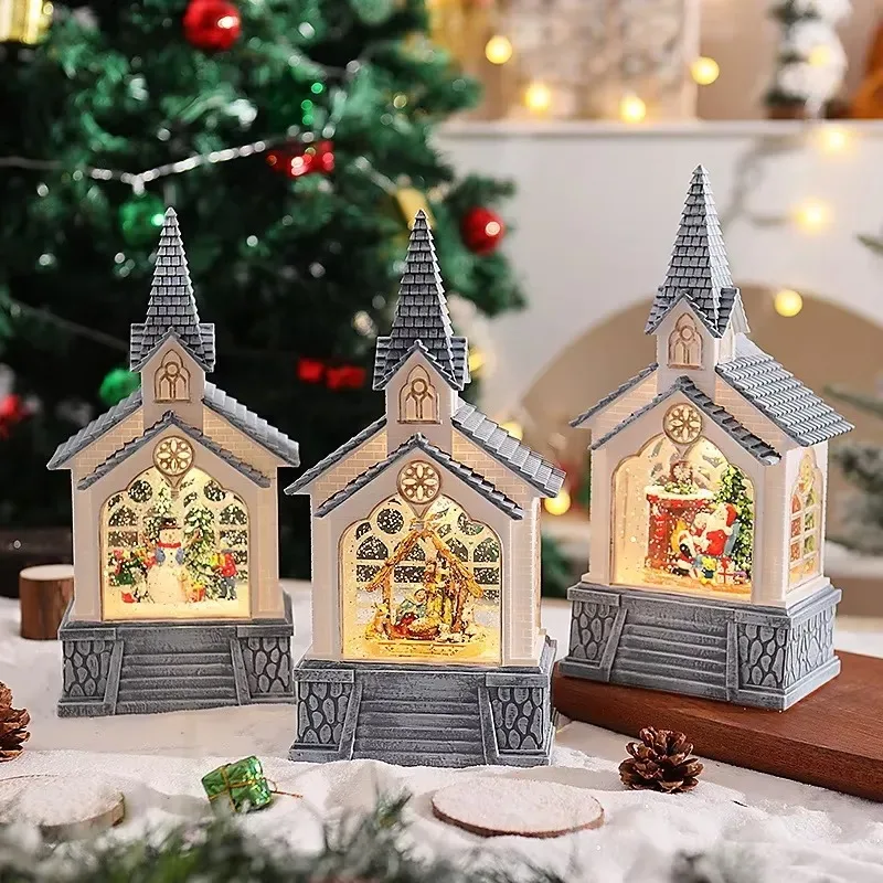 Christmas Presents Santa Claus House Crystal Lanterns Decorated House with Snowball Effects and Music Box Nativity Church
