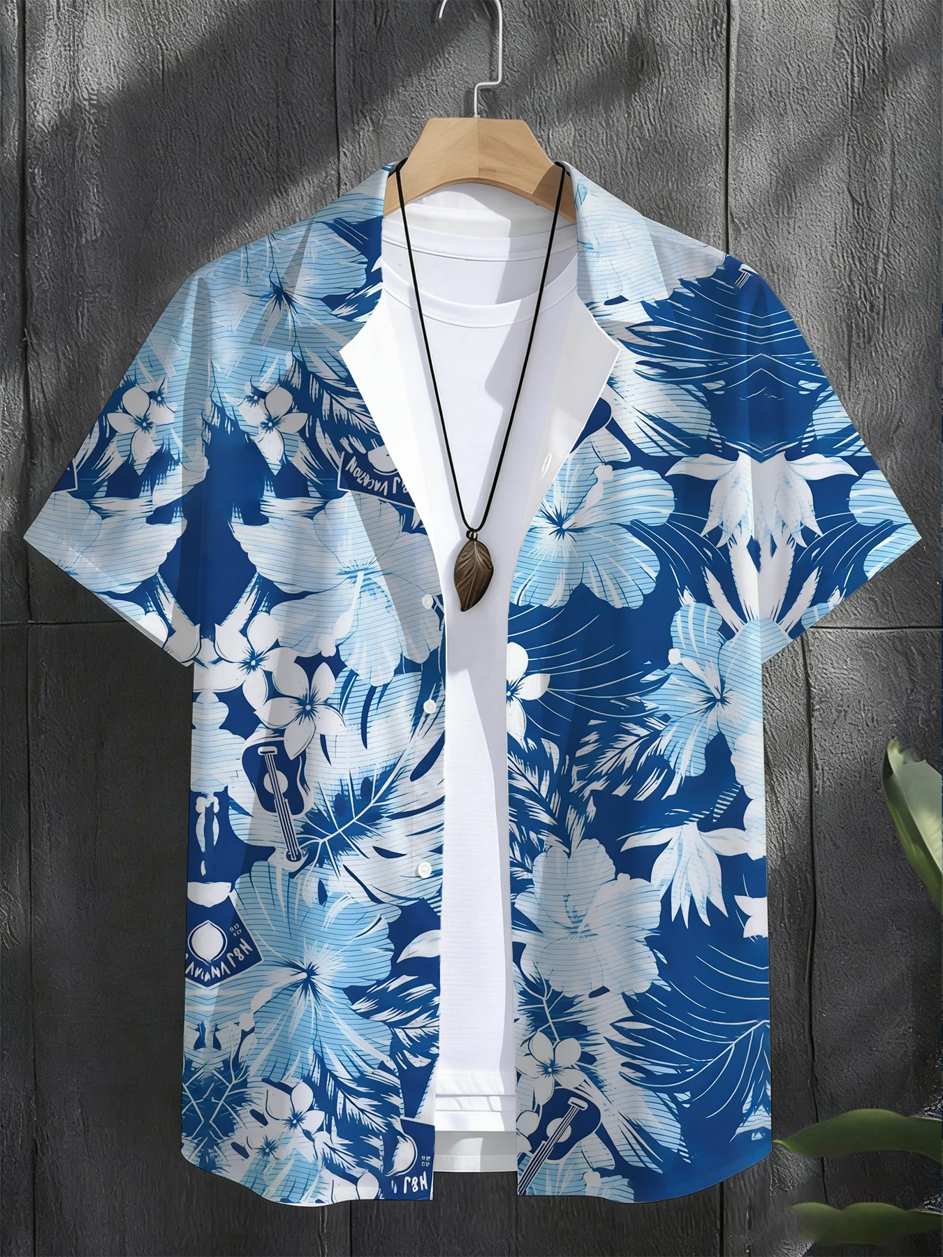 

Men's Premium Hawaiian Tropical Floral & Guitar Print Short Sleeve Shirt, Camp Collar Button Down, Elevated Beach & Resort Wear