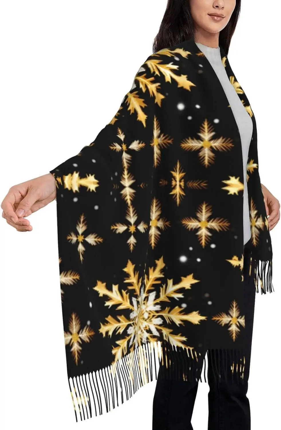 Golden Christmas Snowflake Print Tassel Scarf For Women Men Soft Scarf Shawl For Winter Fashion Lightweight Scarf Shawl view 4