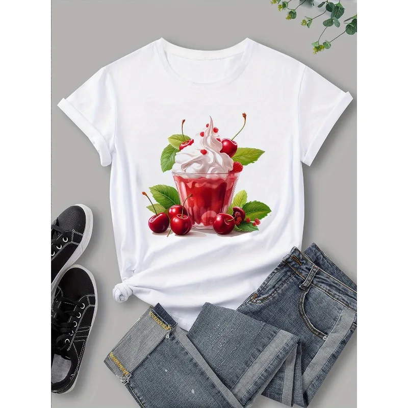 T-shirt col rond imprim cerise et crme glace Y2K pour femme avec motif de cerise Sundae de dessin anim T-shirt style dcontract en coton pour femme