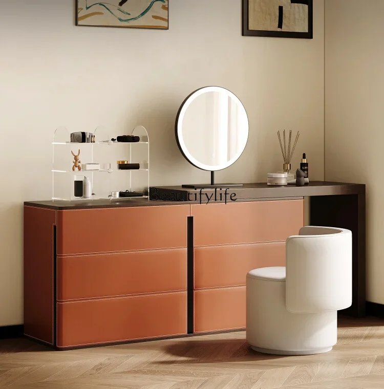 

Italian Minimalist Dresser Chest of Drawers Integrated Saddle Leather Retractable Makeup Table