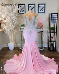 Silver Beaded Pink Prom Dresses For Black Girls Mermaid Dress Party Evening Elegant Luxury Celebrity Formal Gowns O Neck robe