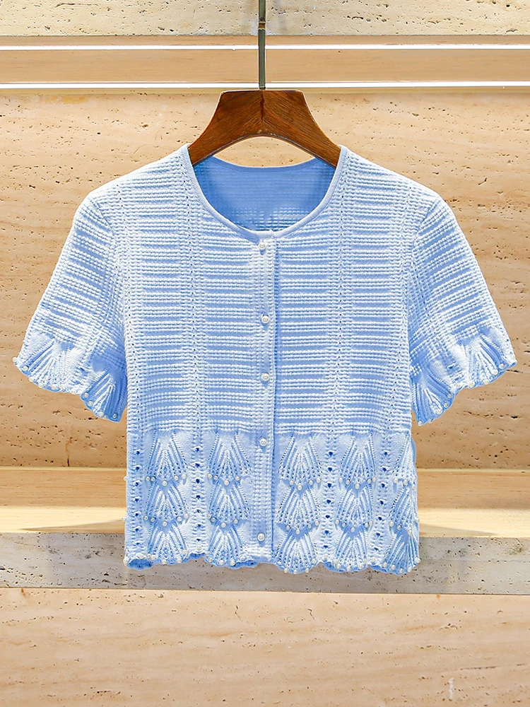 

M Home Nan You High End European Summer Knitted Pearl T-irt Women's Faion Commute Sle ort Sve Low round Ne