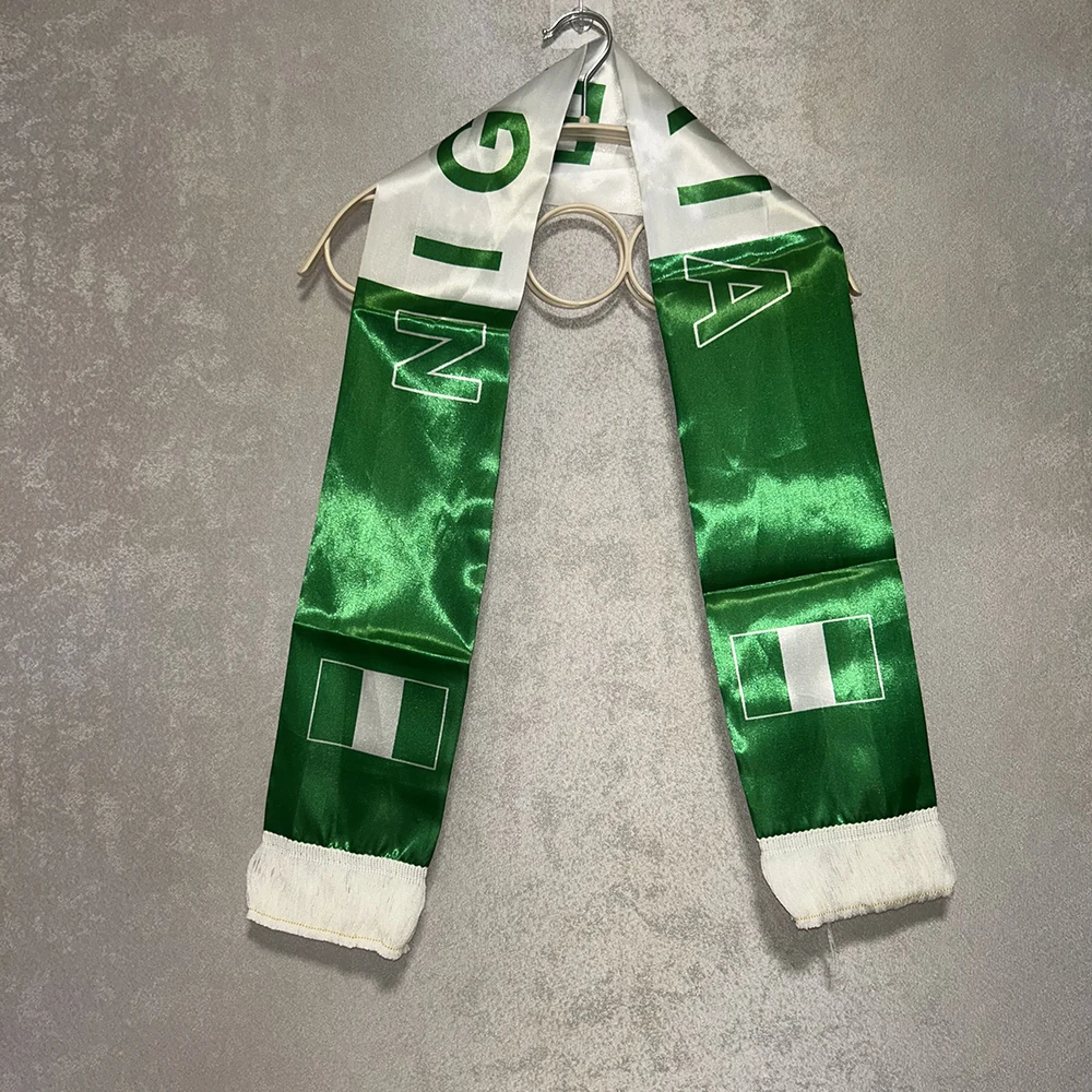 Nigeria Scarf 14x135cm Double-sided Printed Satin Nigeria Flag Scarf Tassels Suitable for 2026 Football Cup, Sports, Events