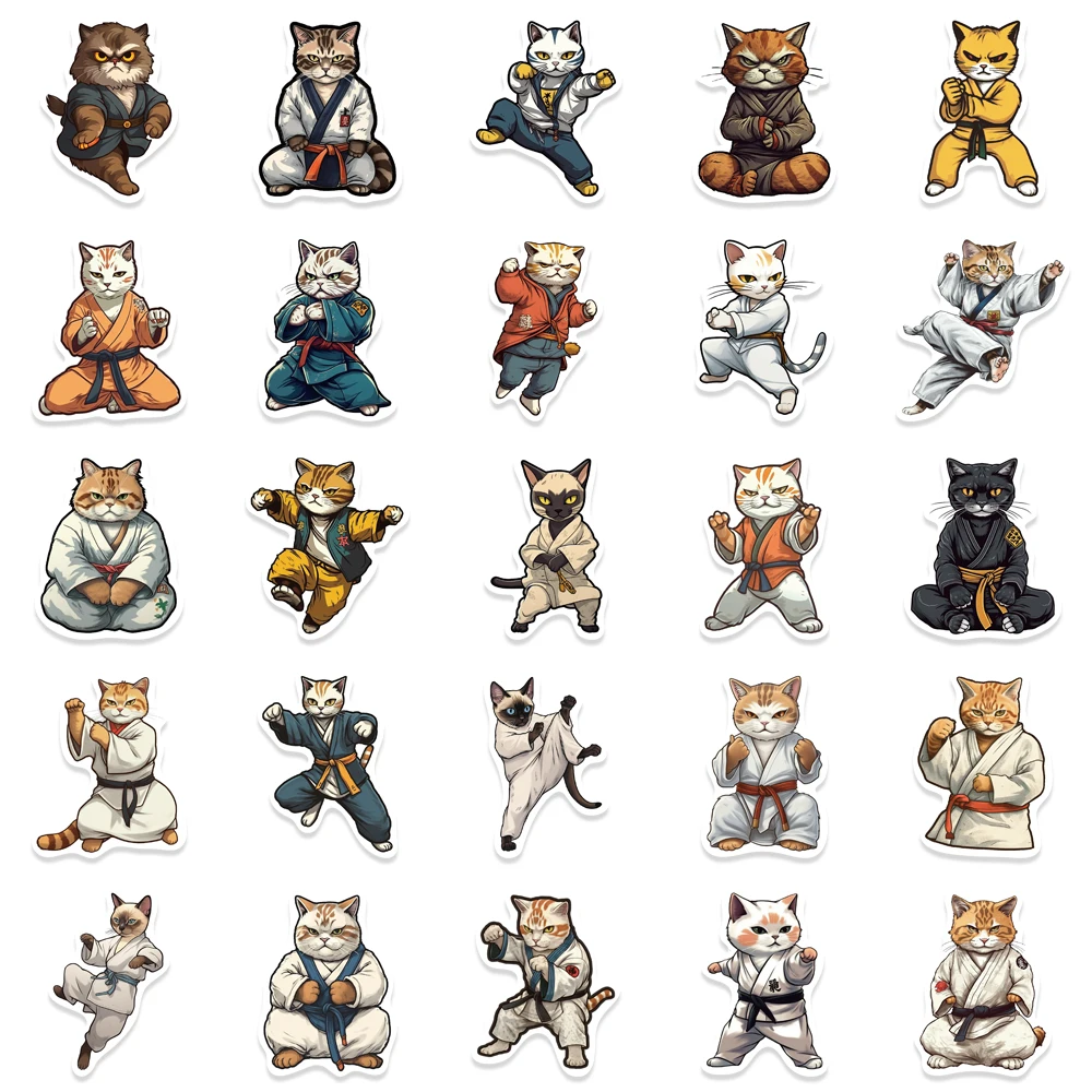 50Pcs Cool Taekwondo Kung fu Cat Stickers Waterproof Stickers for Water Bottle Laptop Phone Skateboard Sticker for Kids Gifts