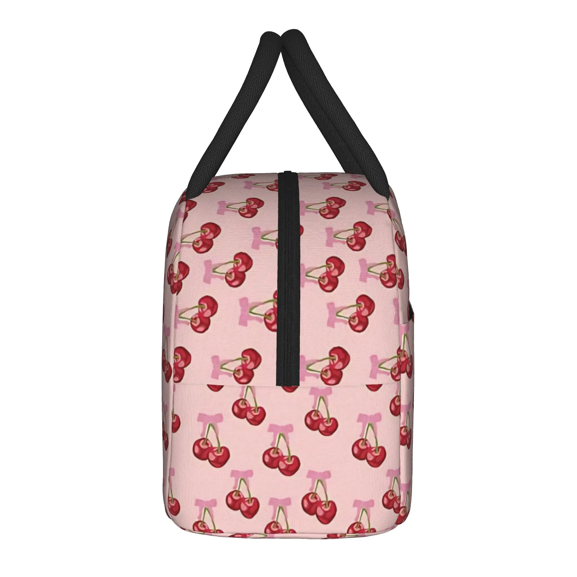 Red Cherries and Bow Seamless Insulated Lunch Bag Portable Pink Bow Cherry Meal Container Thermal Bag Tote Lunch Box