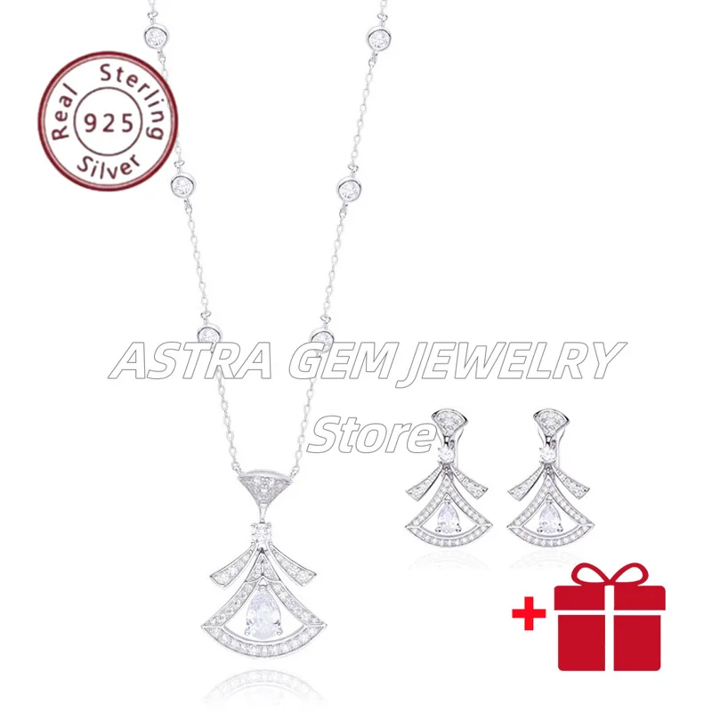 

Designer Collection Sterling Silver Earrings Necklace Women Lady Inlay Czech Zircon Tassels Fanned Pendant Party Jewelry SetsFas