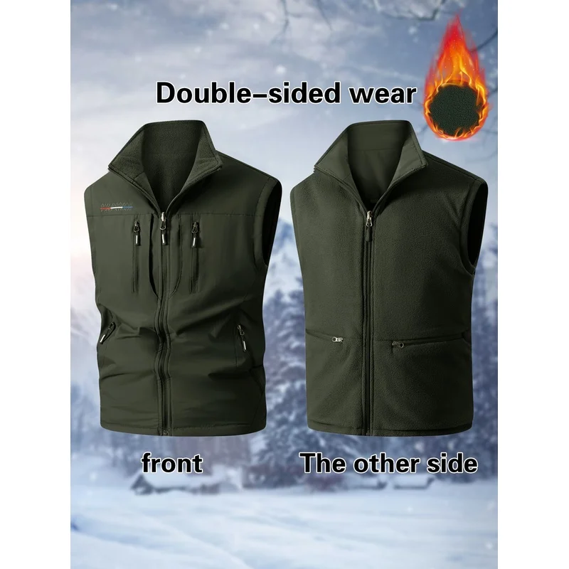 Multi-pocket Work Vest Working Men's Reversible Zippered Casual Polar Fleece Lined Padding Profession Cardigan Windbreak