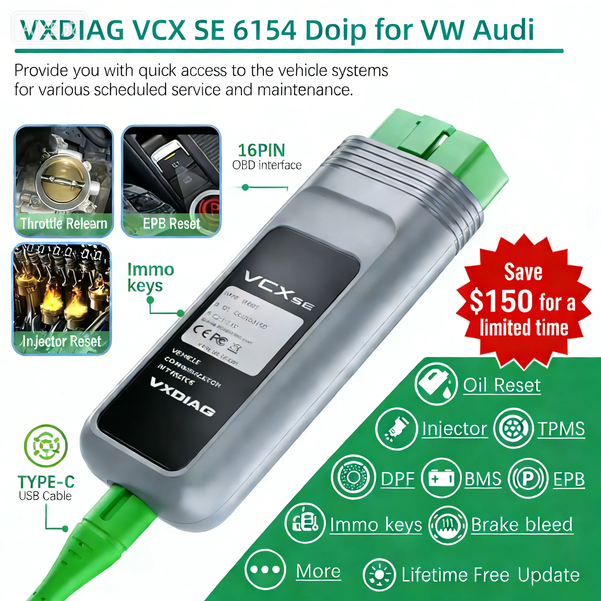 VXDIAG VCX SE 6154 OBD2 Diagnostic Tool for VW Audi Skoda Seat - ODIS Compatible ECU Programming WiFi+USB Lifetime Free Update