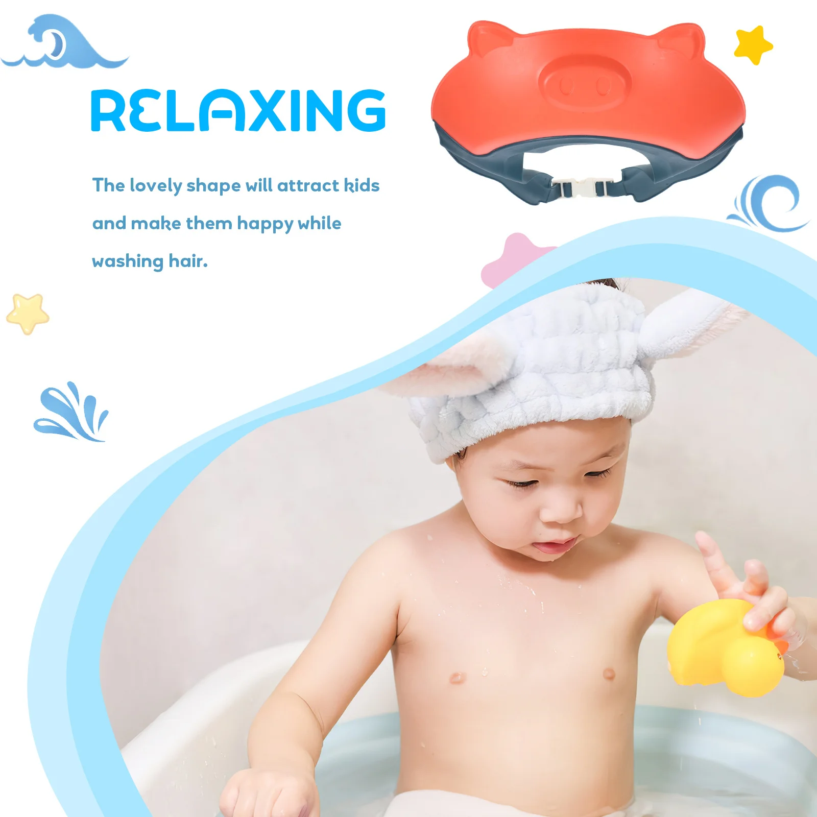 

Детская шапочка для купания, водонепроницаемая шапочка для шампуня для предотвращения потока спины, регулируемый мультяшный дизайн, защитный аксессуар для мытья волос ребенка