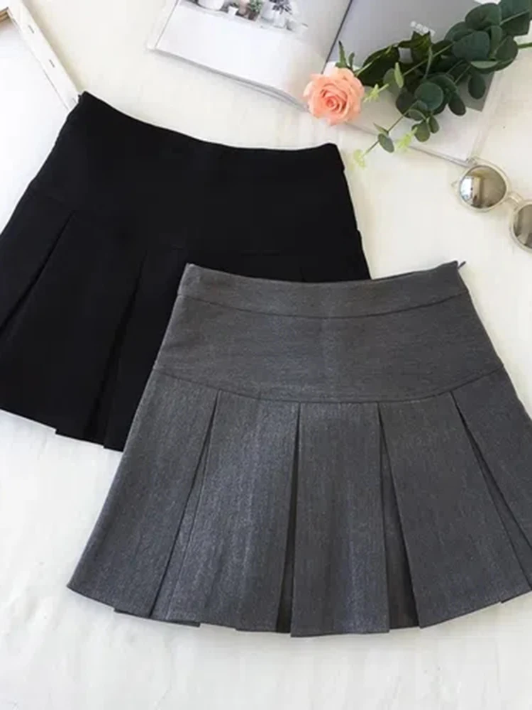 Vintage Gray Pleated Skirt Women Kawaii High Waist Mini Skirts Korean Fashion School Uniform Harajuku Streetwear Spring