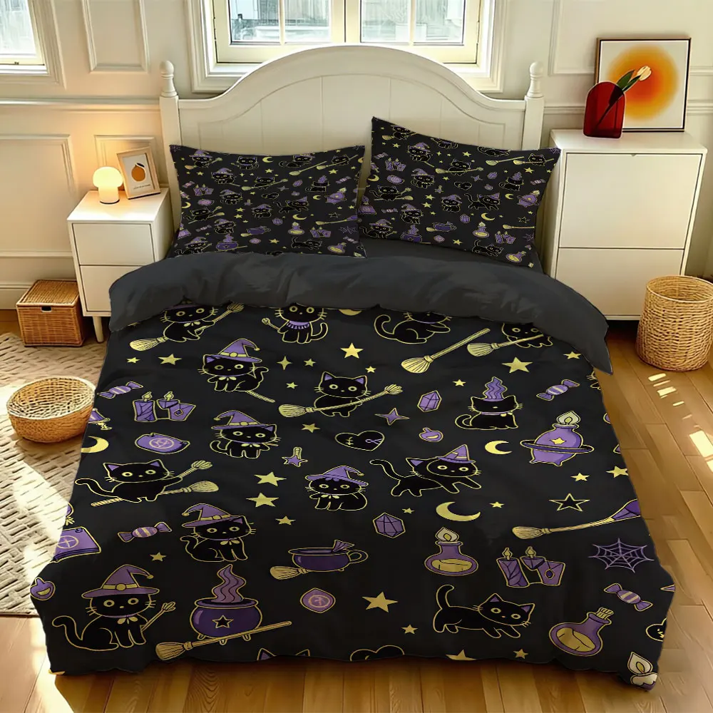 3PC Halloween Black Cat Wizard-Printed Bedding Set, Without a filling, Made of Soft Fabric for Bedding Use