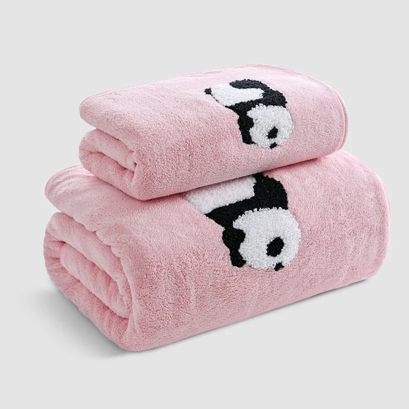 

Cartoon Family Shower Towels, Panda Style, Coral Fleece, Absorbent, Hanging, Hand, Hair, Face, Bath Towel Set, Bathroom, 2Pcs