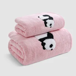 Cartoon Family Shower Towels, Panda Style, Coral Fleece, Absorbent, Hanging, Hand, Hair, Face, Bath Towel Set, Bathroom, 2Pcs