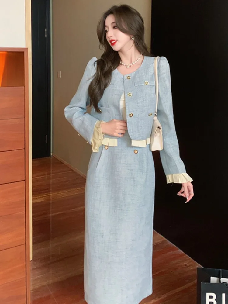 

2023 Autumn Women Blue Blazer Suits Korean New Ruffles Short Top Lady Slim A-line Midi Skirt Vintage Female Y2k 2 Pieces Set