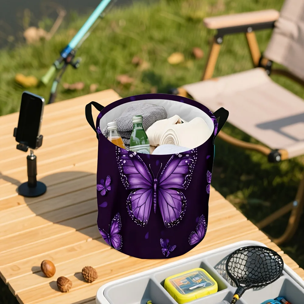 Purple Butterfly Print Laundry Basket Elegant Insect Pattern Storage Hamper Lightweight Waterproof Laundry Bin For Bedroom