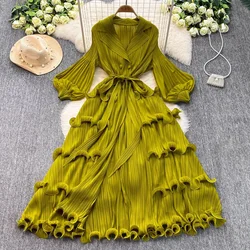 Elegant Long Sleeves Vintage Notched Neck Chic Bandage Fashion A-line Slim Ruffle Cake Dress Evening High Street Autumn Clothing