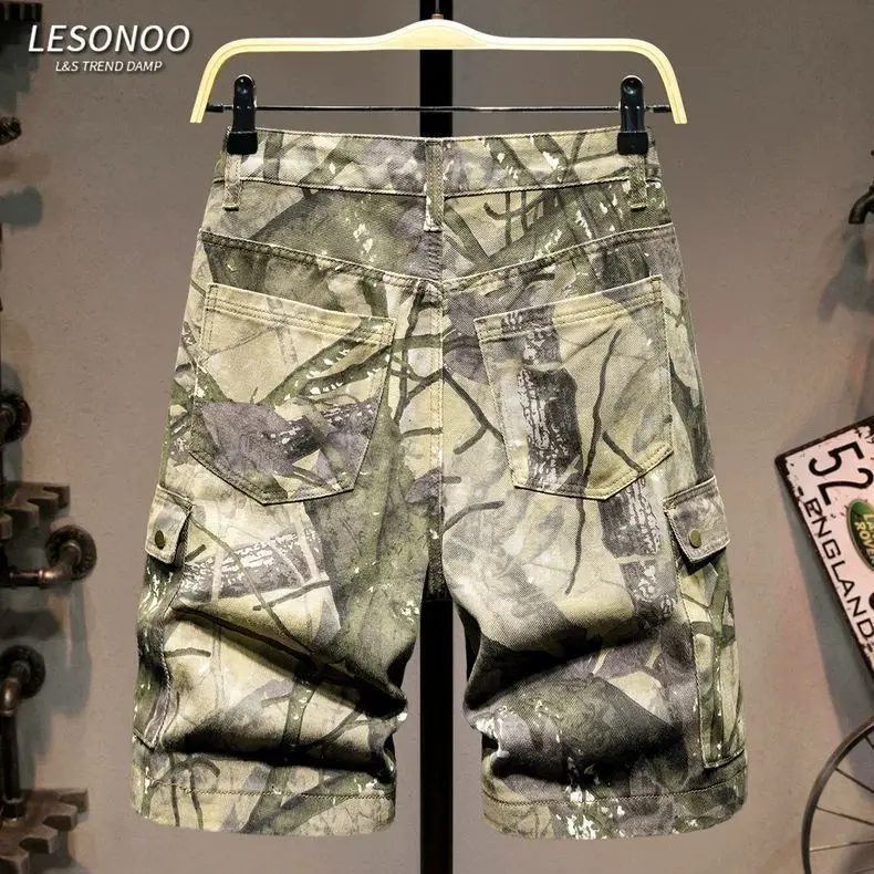 Tooling Camouflage Denim Shorts Men's Summer Trendy Brand Loose Ruffian Handsome Medium Pants Men's Fashion Casual Half Pants