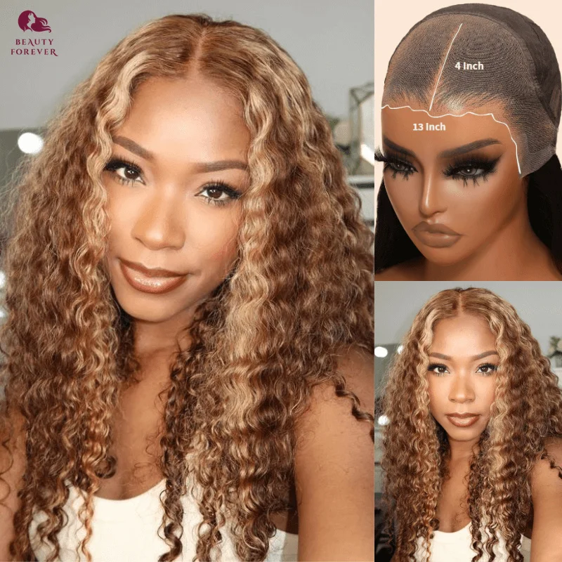 Beautyforever Honey Blonde Curly Glueless Human Hair Wig 13x4 7x5 Highlights Wig Pre Bleached Knots Colored Human Hair Wig