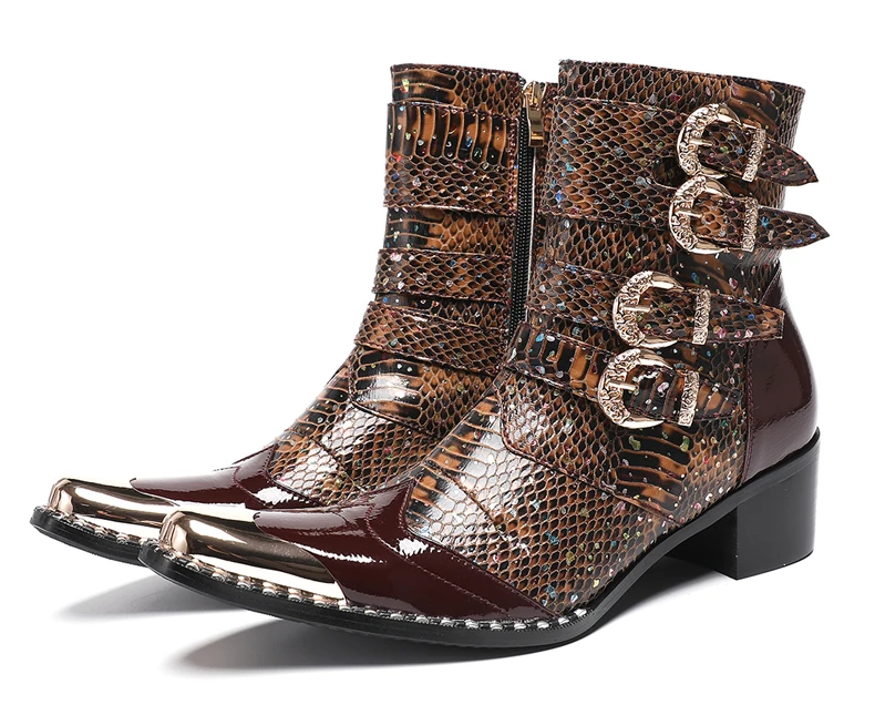Neue Punk Stil Niet Gürtel Schnalle Dekor Männer Mid-Kalb Stiefel Metall Spitz Spleißen Leder Schuhe Männlich Lace-up Motorrad Stiefel – Detail 5