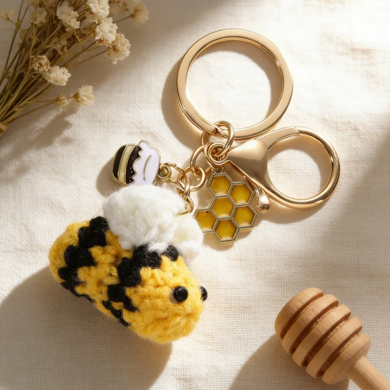 Niedlicher handgemachter Garn-Honigbienen-Bienenstock-Emaille-Schlüsselanhänger, schöner fliegender Insekt-Schlüsselanhänger für Frauen und Männer, Freundschaftsgeschenk, DIY-Schmuckset