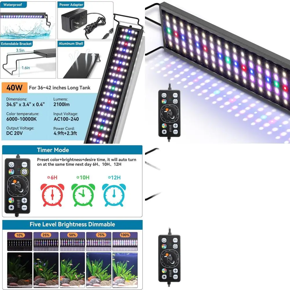 

Светодиодный светильник для аквариума, полный спектр, цикл день-ночь 24/7, автоматический таймер включения/выключения, 7 цветовых вариантов, с регулировкой яркости, для пресноводных аквариумов 36-42 дюйма.
