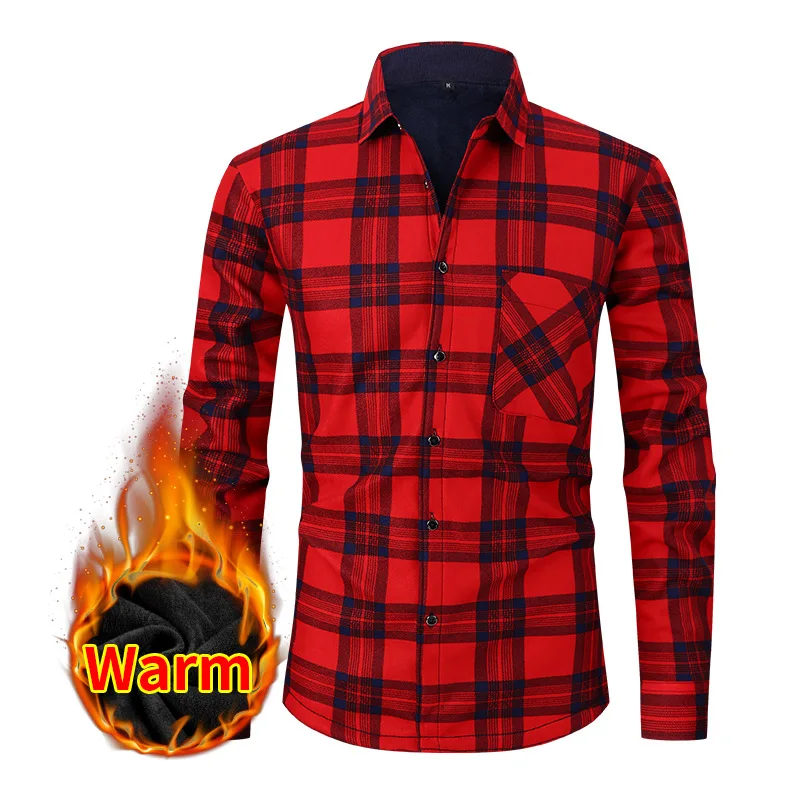 

Fashion Casual Warm Shirt Men Thick Velvet Autumn Winter Large Size Long Sleeved Plaid Tops Square Neck Pocket Trendy Cardigan