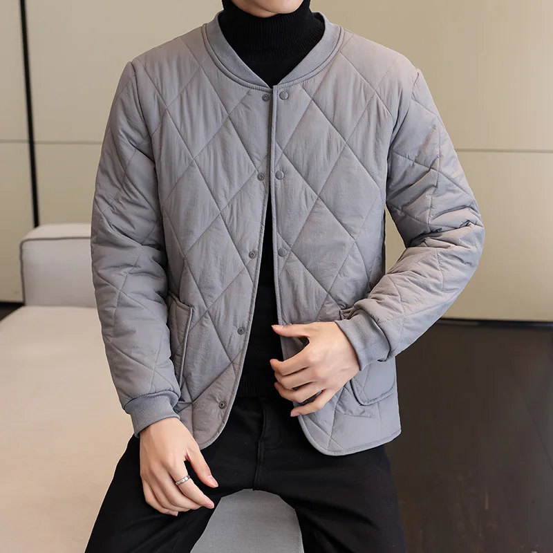 

Autumn Winter Men's Fce Lined Stand Collar Cardigan Jaet Slim Fit Inner Wear Pure Color ket Decorated Thiened Cotto...