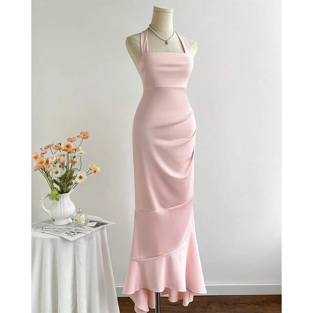 

Customized Pink Halter Neck Mermaid Evening Dresses Ankle Length Elegant Sleeveless Long Wedding Party Gowns Robes De Soirée