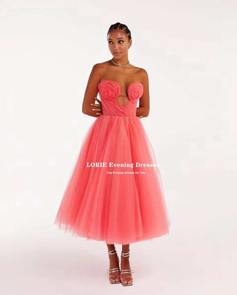 LORIE Coral Tulle A-line Prom Dresses Lace-up Vestidos De Graduación Pleat Tea-Length Formal Occasion Dresses Robes De Soirée