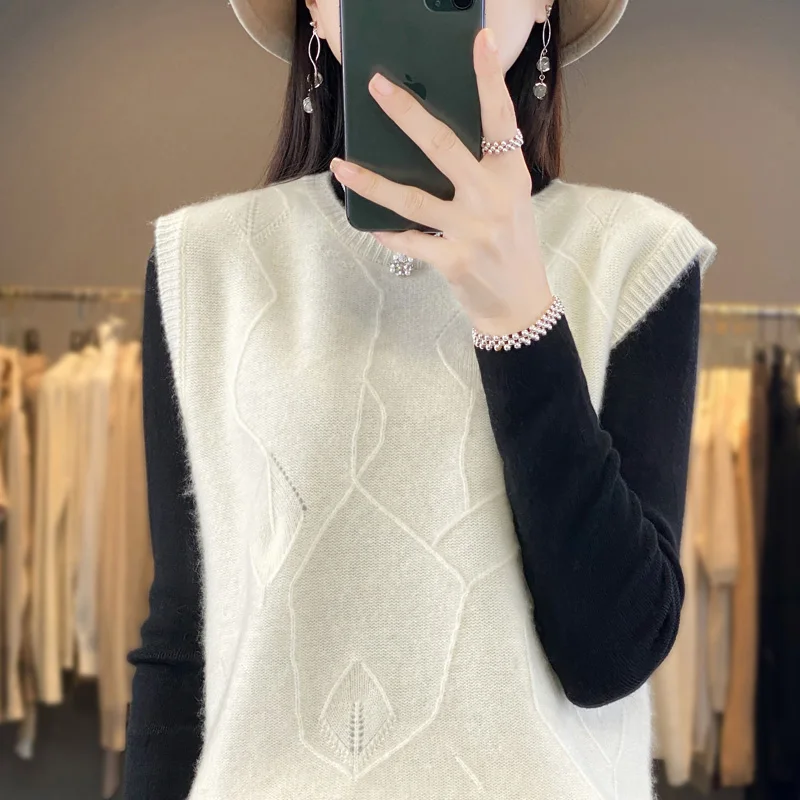 FRSEUCAG  100% Australian wool vest fashion trend women\'s knitted sleeveless sweater short pullover women\'s wool vest New models