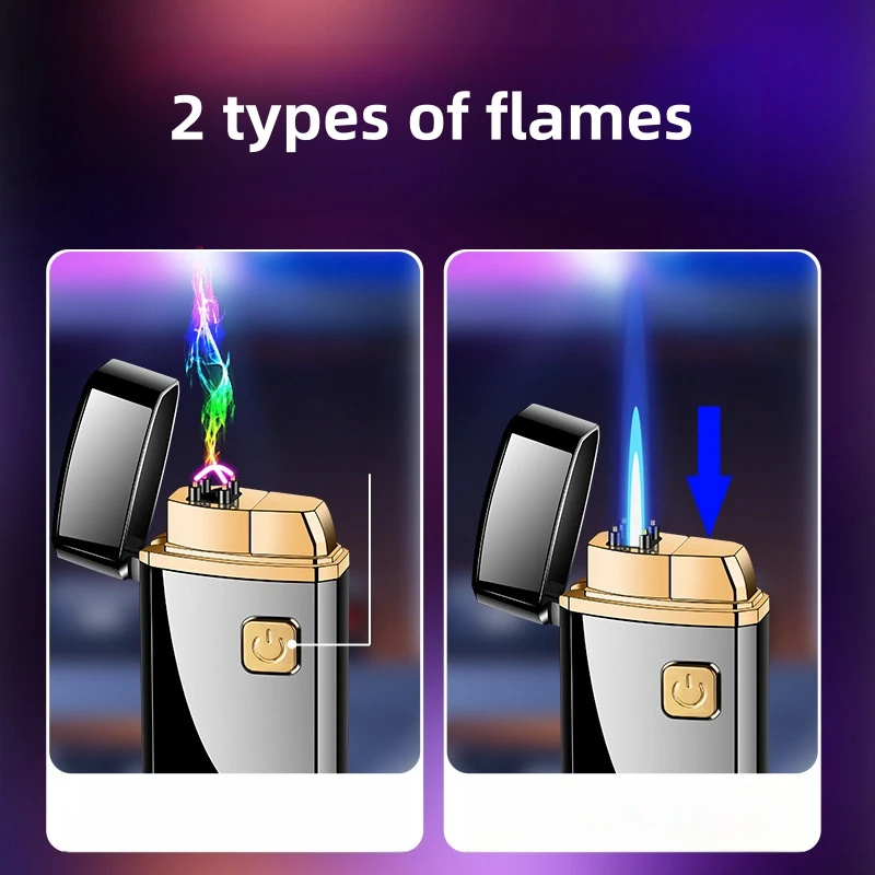 Metal Creative Double Flame Windproof Jet Blue Flame Gas Lighter Visual Gas Light Window Dual Arc Pulse USB Electronic Lighters