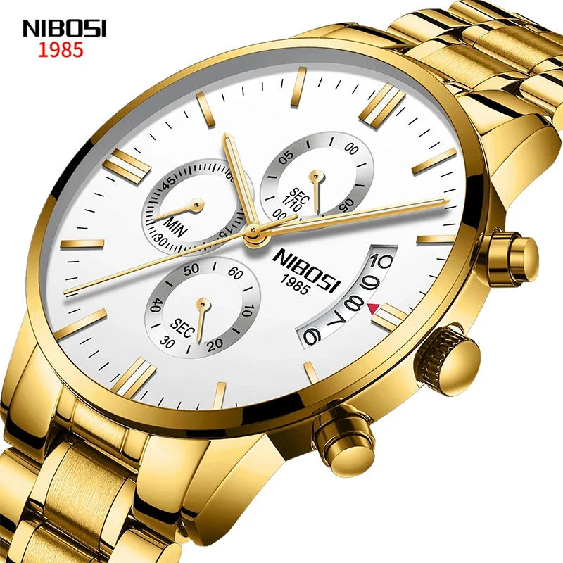 NIBOSI 2023 New Multifunctional Chronograph Quartz Watches Moon Phase Three Eyes Dial Luxury Gold Strap Men Watch Reloj Hombre