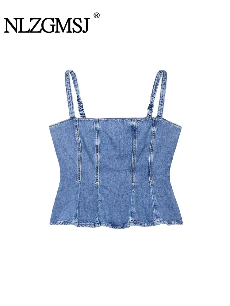 

2025 топы на бретелях, модный новый широкий плиссированный джинсовый топ, женские короткие топы без рукавов для женщин, сексуальные вечерние топы с открытой спиной