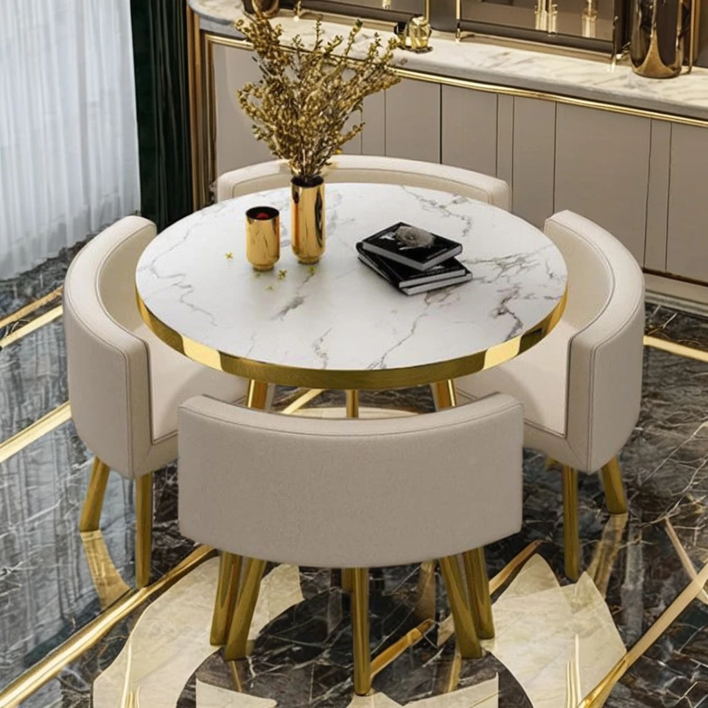 round Dining Table 4 Chairs Marble Color MDF Top Foldable for Living Room Kitchen Hotel or Meeting