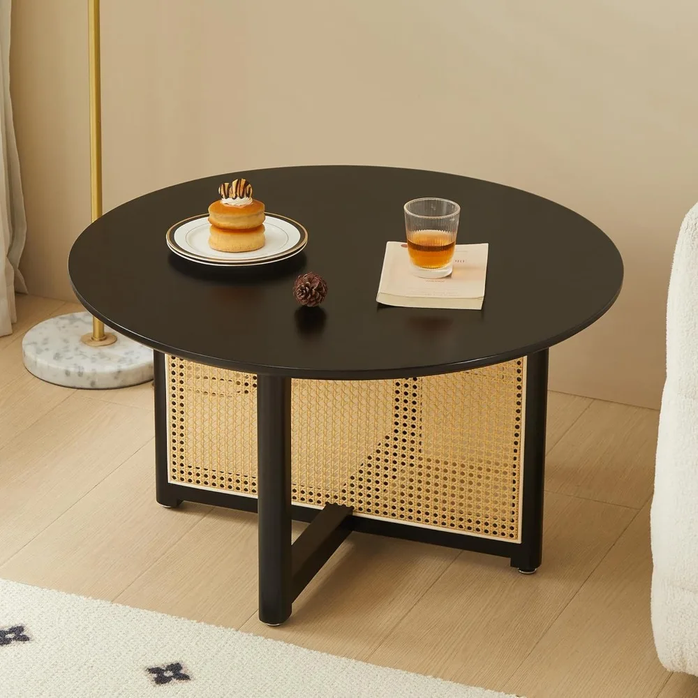 

Rustic Modern Rattan Accent Table, 31.5 Solid Wood Coffee Table for Living Room, Bohemian Style