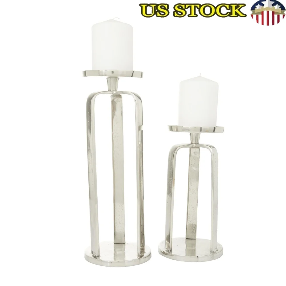 

Set of 2 Silver Aluminum Geometric Pillar Candle Holders Elegant Home Decor Centerpiece Unique Design Indoor Use Flat Base Wipe