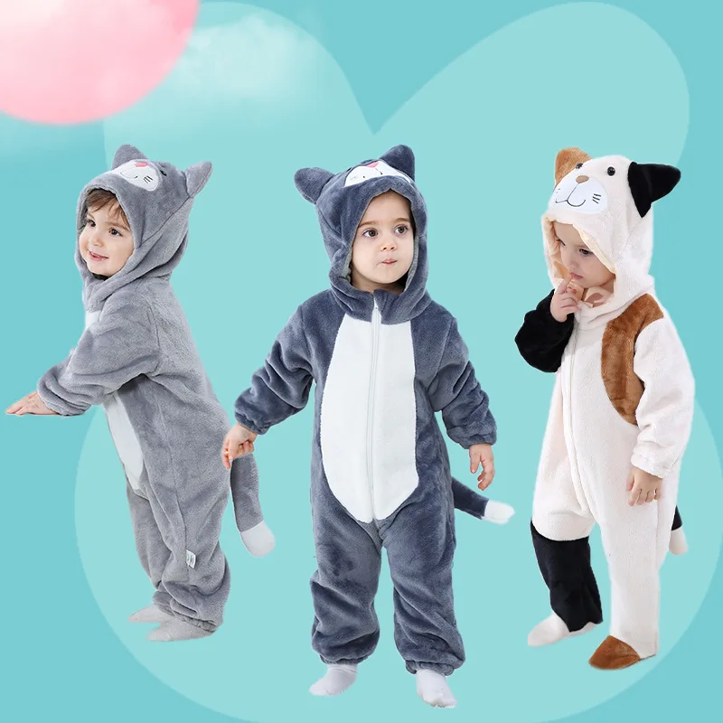 Lovely Cat Costume Baby Boys Girls Clothes Romper Soft Flannel Hooded Bodysuits Pajamas Winter Infant Jumpsuit Toddler Outfits