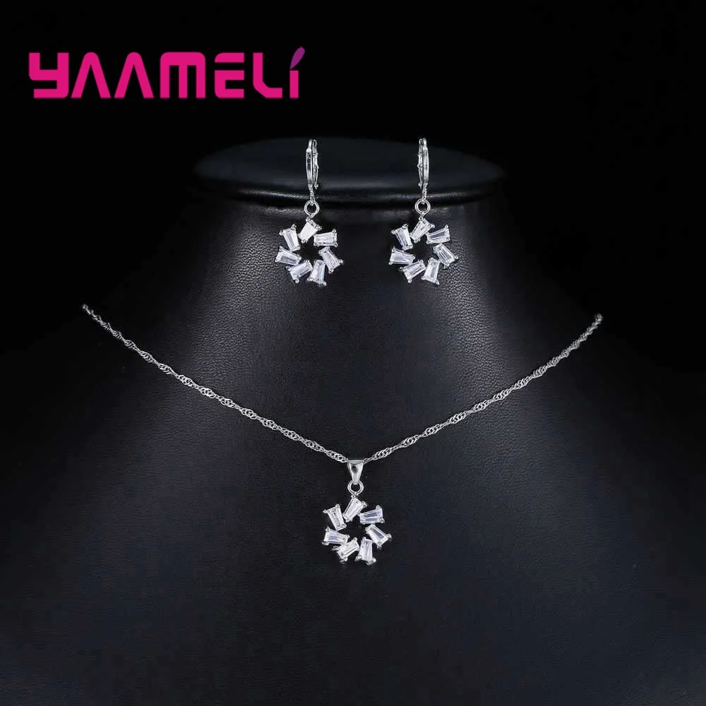 

Women 925 Sterling Silver Party Jewelry Sets Fashion Cubic Zirconia Set Women Geometrical Pendant Necklace+Earrings