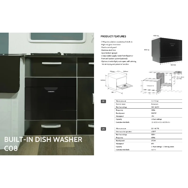 RV Accessories Stainless Steel Embedded Dishwasher, Car Camper Modification Parts, Suitable for Camping Caravans