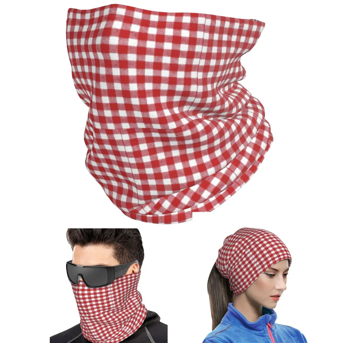 Red And White Checkered Bandana Neck Gaiter Printed Mask Scarf Multi-use Balaclava For Men Women Adult Windproof