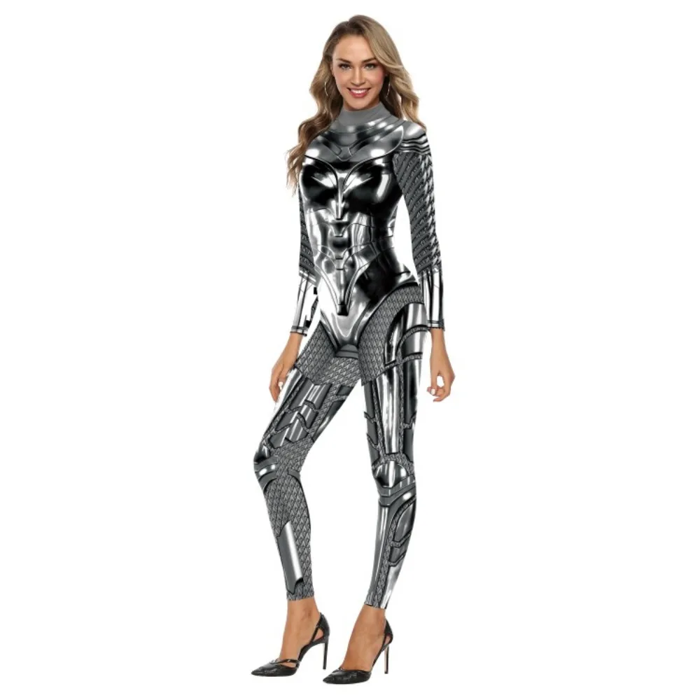 Nieuwe Gemoderniseerde Zilveren Metallic Bedrukte Bodysuit Superheld Spelen Kostuum Halloween Jumpsuit Avond Feest Uitvoering Kostuums