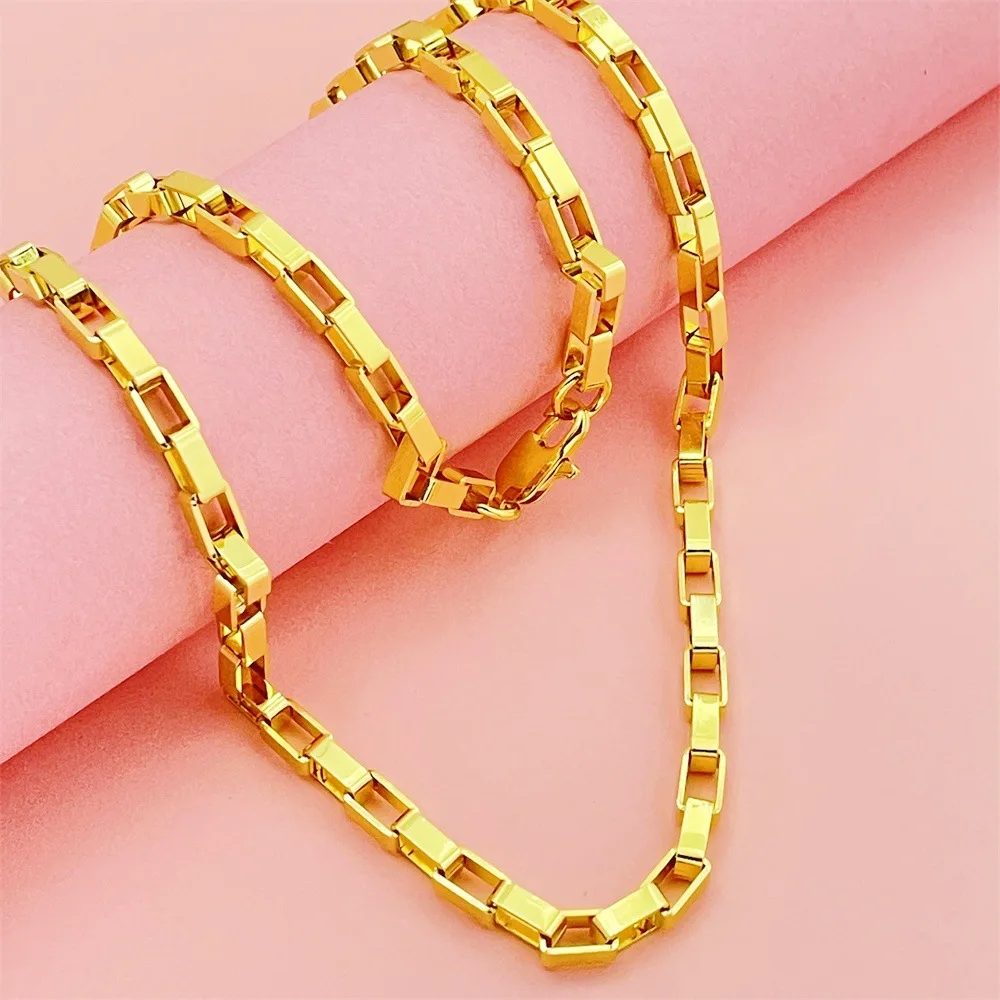 

Luxury 24K 9999 Pure Gold real gold Men's and Women's Gold Necklace Square Plaid Necklace 50CM