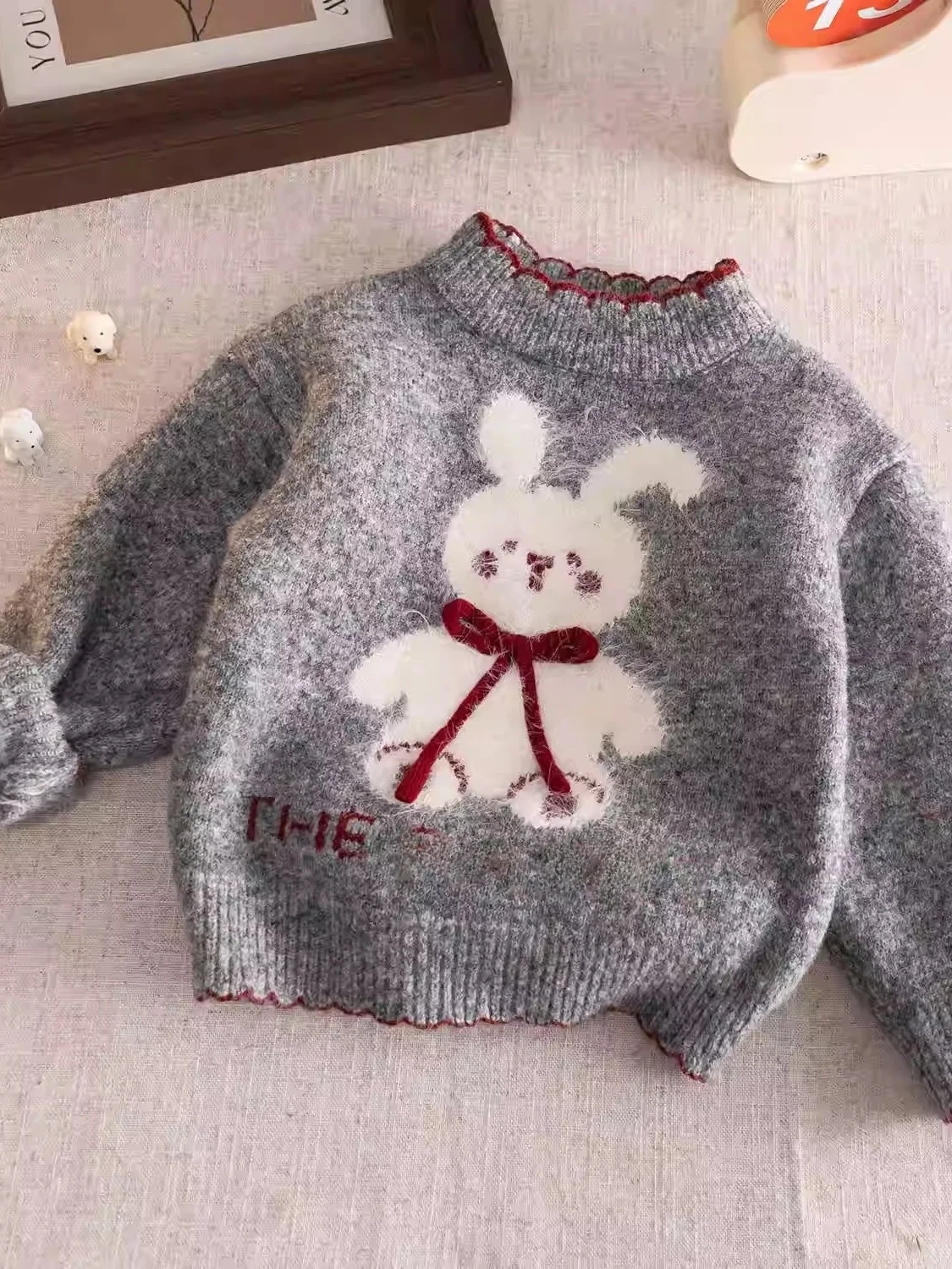 

Вязаный зимний свитер на подкладке для девочек, удобный теплый зимний свитер с мультяшным кроликом, модный детский сгусток...