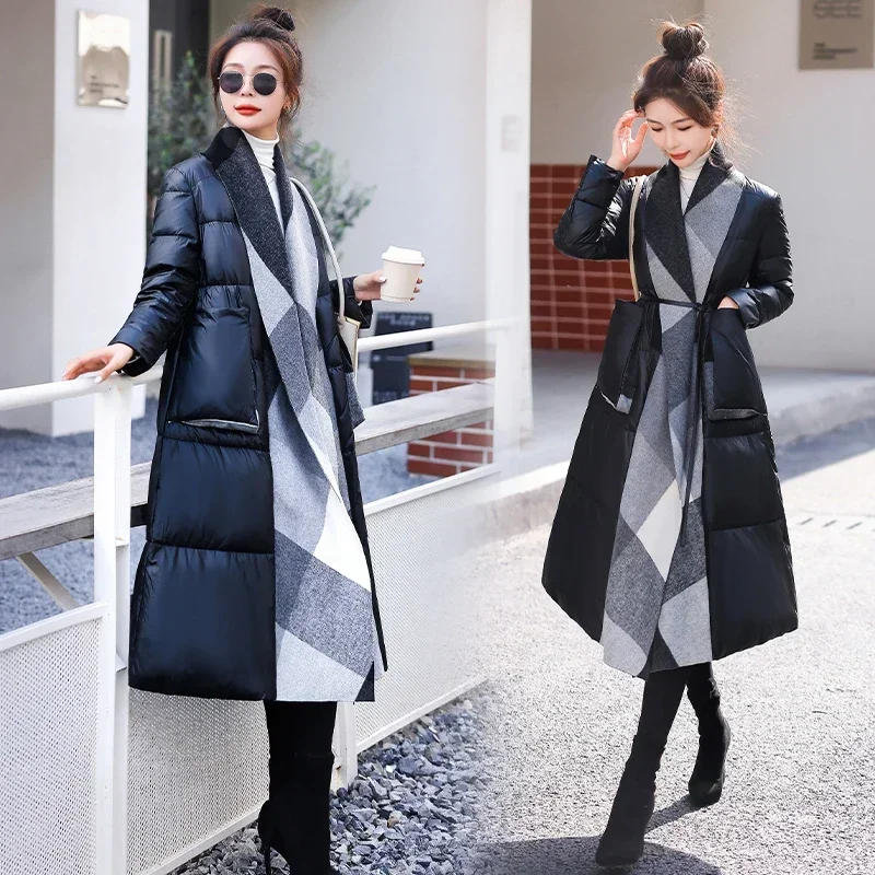 

Women 2024 Winter Fashion Long Stitching Down Jacket Female White Duck Down Overcoats Ladies Lace Up Thick Warm Coats